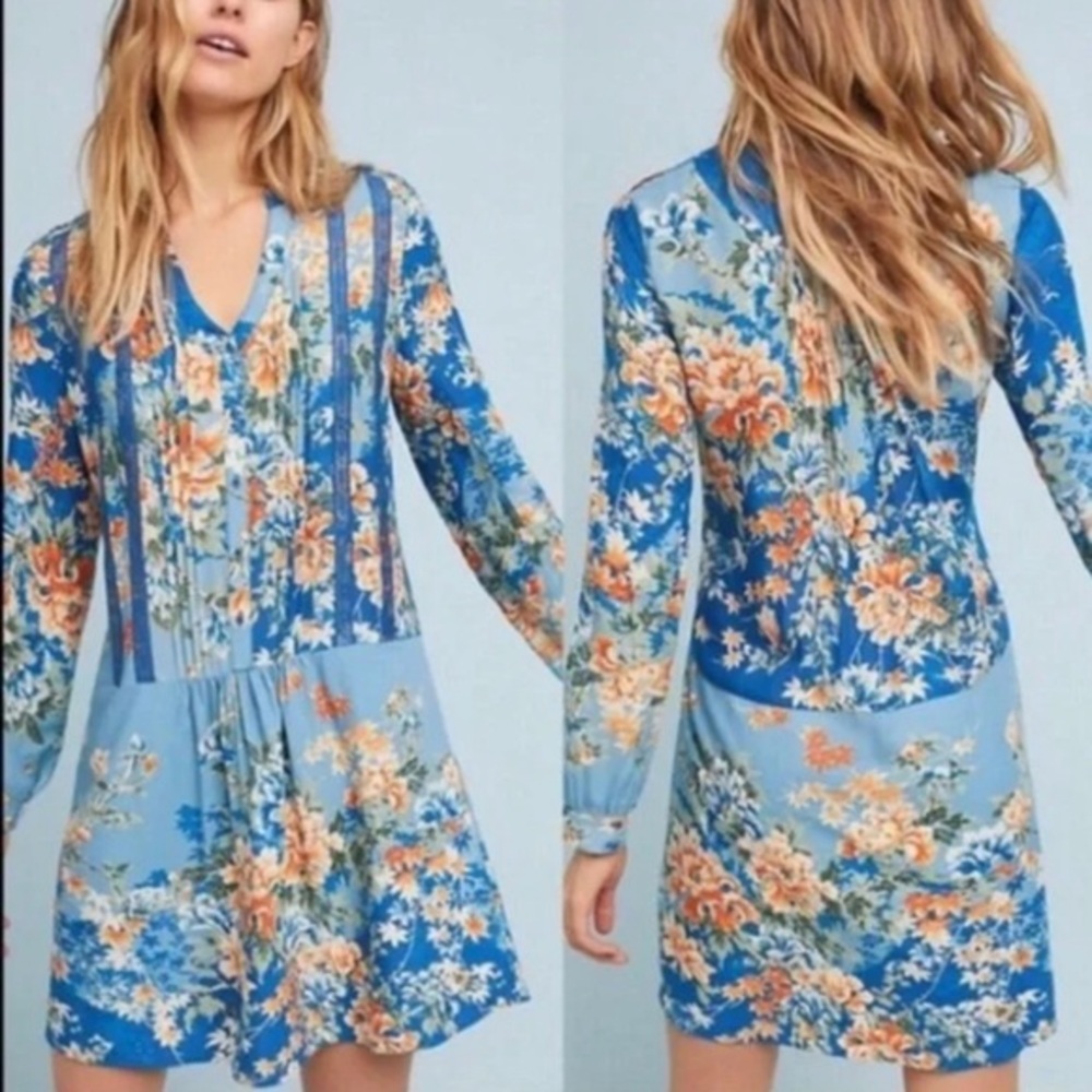 Anthropologie Tiny Floral Gaina Tunic Shift Dress Blue V-Neck Lace Trim M